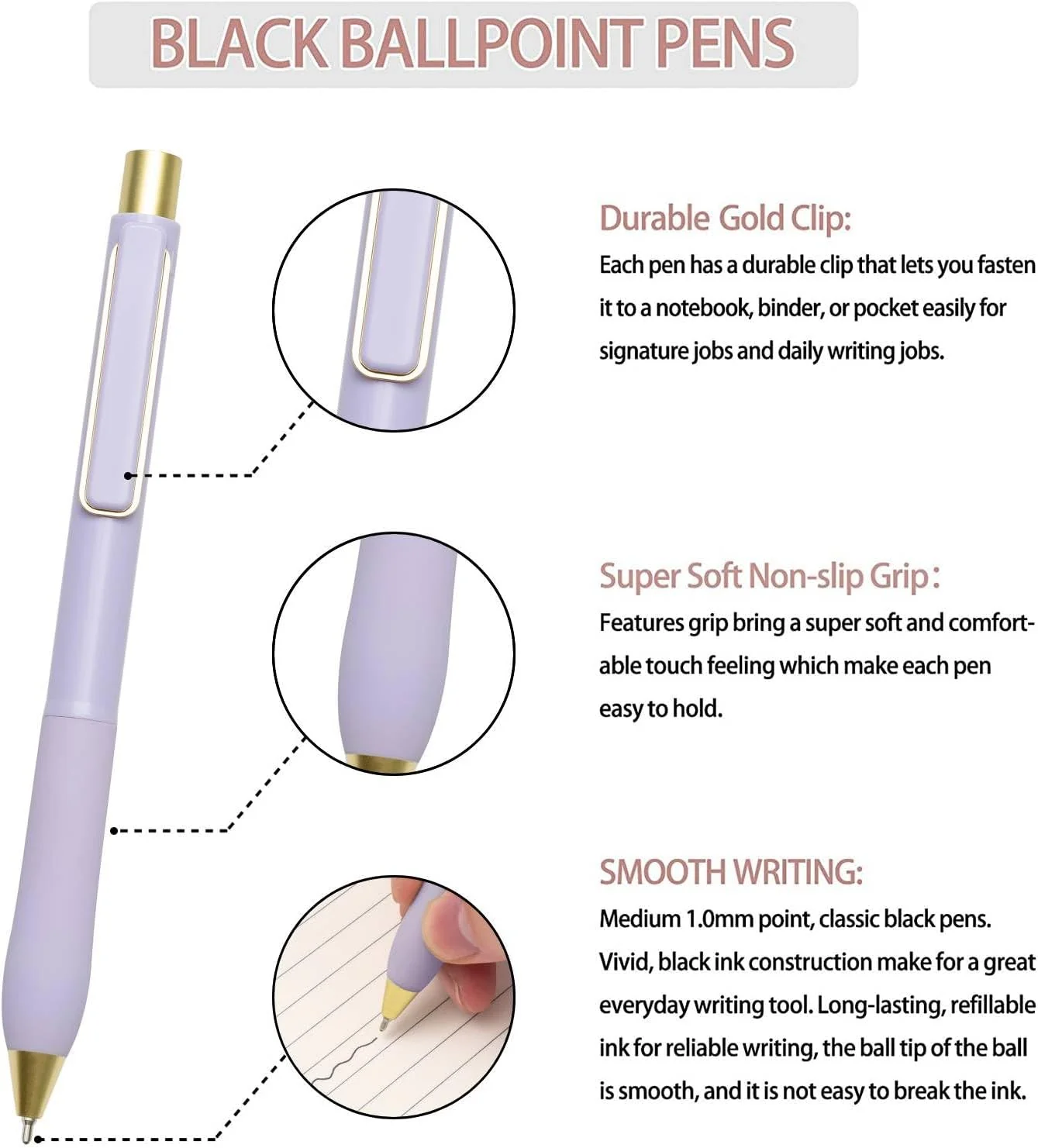 Linbsunne Ballpoint Pens Black Ink Pen 1.0mm Medium Point