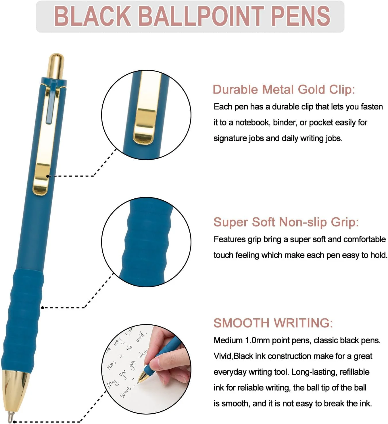 Linbsunne Ballpoint Pens Black Medium Point 1mm Pen with