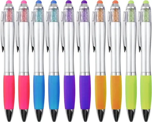 Linbsunne 2-in-1 Stylus Ballpoint Pens 1.0 mm with Crystals, Silver, 10 Pack